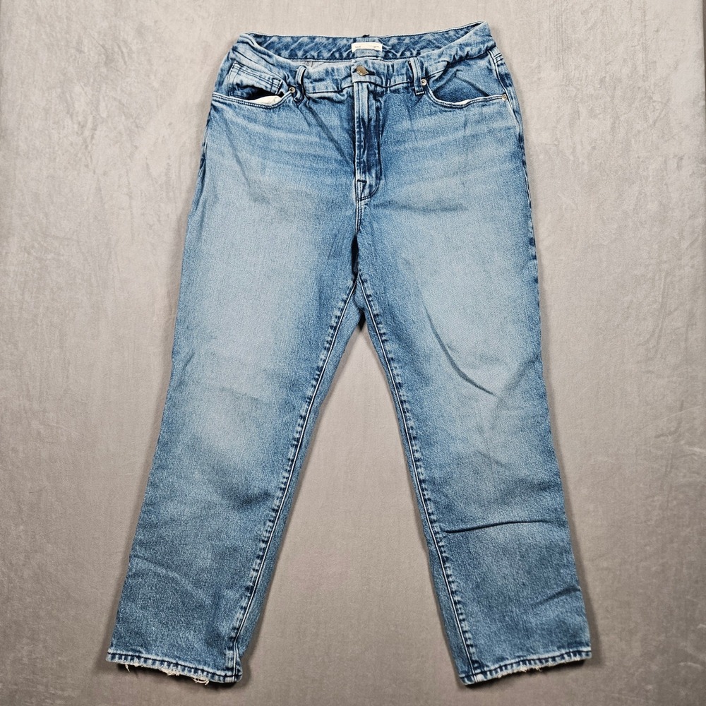 Good American Straight Leg Icon Jeans Womens 12/31 Blue High Rise Distressed Hem